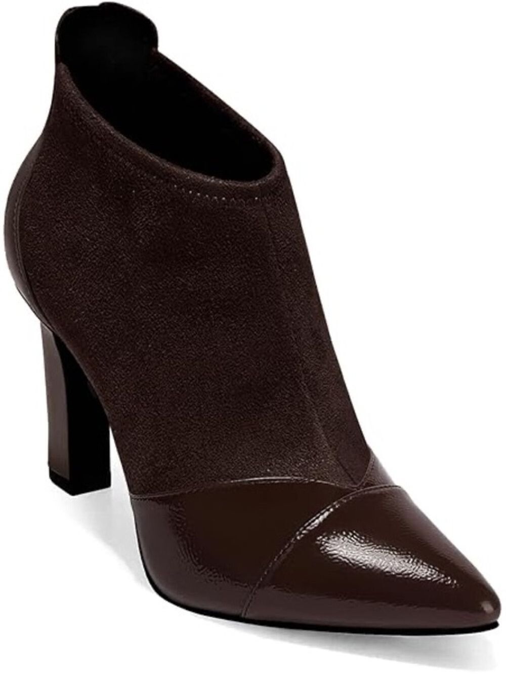 Coutgo Dressy Pointed Toe High-Heel Ankle Boot Booties in Patent & Suede Brown